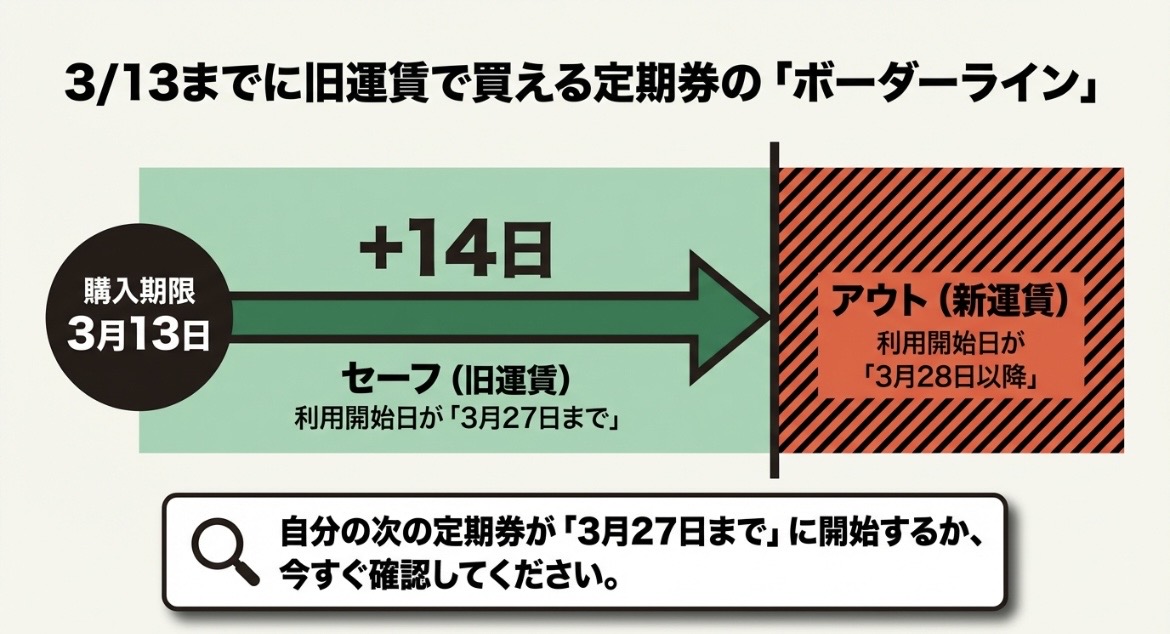 3/13までに買える定期券のボーダーライン