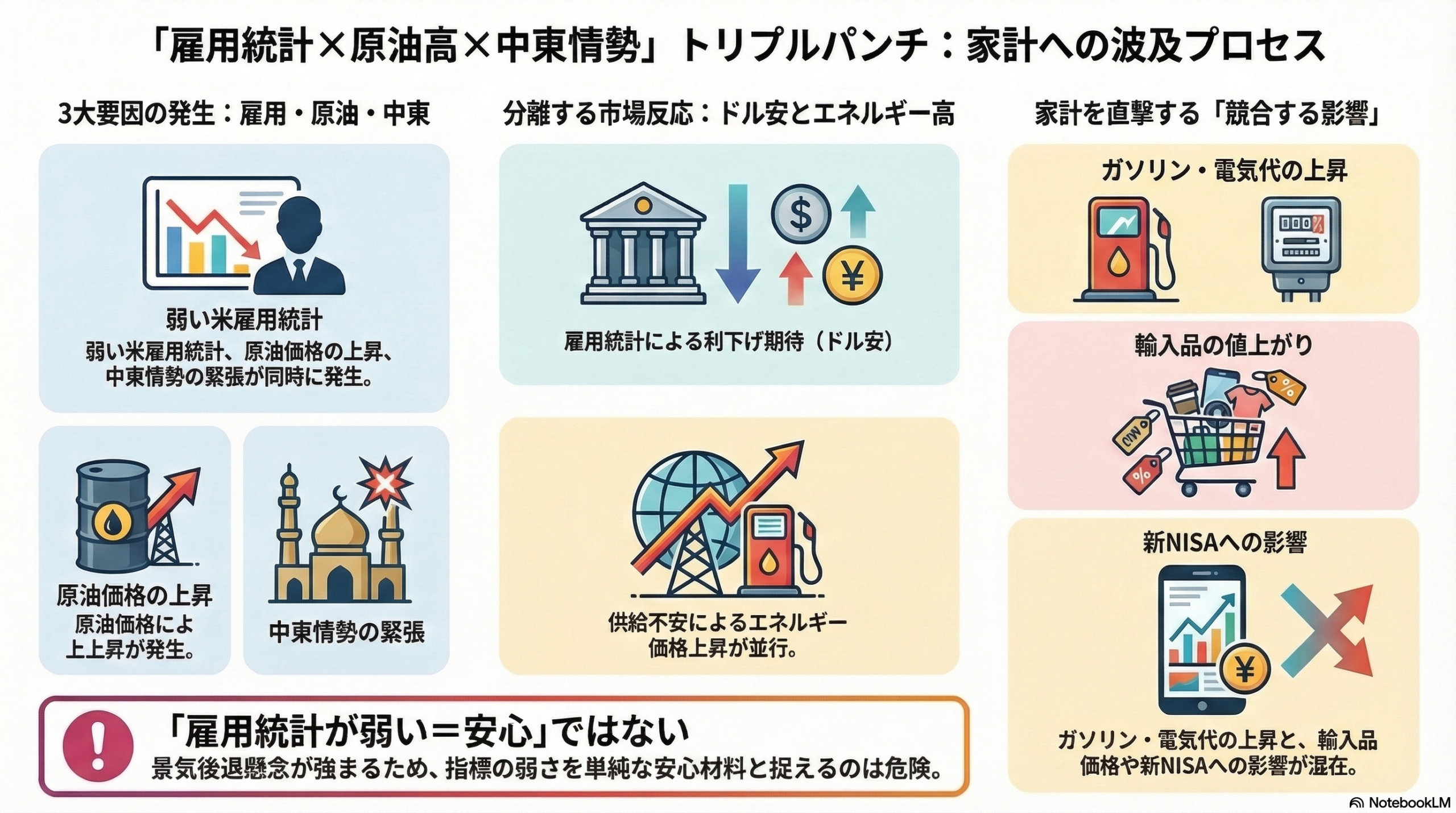 雇用統計 × 原油高 × 中東情勢 が家計を直撃するルート図